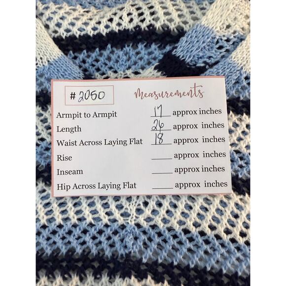 obu Blue & White Stripe V-neck Cotton Crochet Open Knit Summer Tank Top Size M - Picture 8 of 8